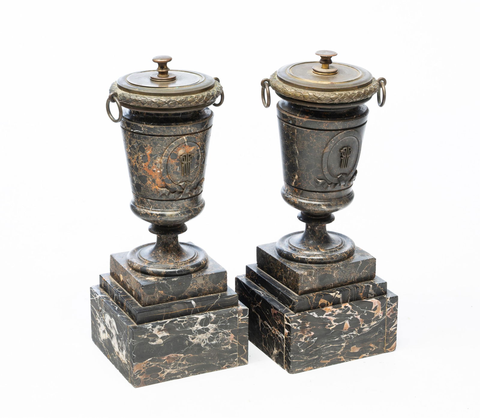 PAIR OF LARGE FRENCH BRASS-MOUNTED MARBLE URNS. (1 of 4)