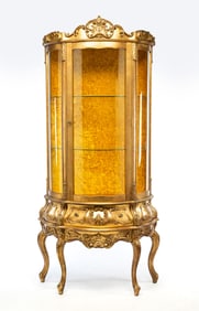 LOUIS XV STYLE GILTWOOD BOMBÉ VITRINE.