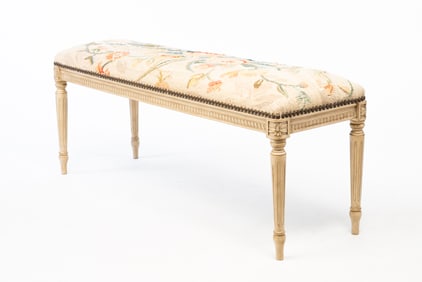 LOUIS XVI STYLE PAINTED BENCH WITH NEEDLEWORK SEAT.