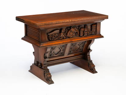 L. VANDER VOORT (BRUSSELS) RENAISSANCE REVIVAL CARVED OAK GAMES TABLE.: L. Vander Voort (Brussels), Early 20th Century, Oak. Bi-fold swiveling top, deep interior well, front and back with carved angels, birds, buildings and ladies, linen fold ends, shaped ends and shoe fe