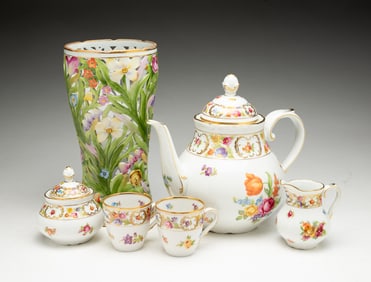 SCHIERHOLZ PORCELAIN VASE AND SCHUMANN EMPRESS DRESDEN FLOWERS TEA SET.