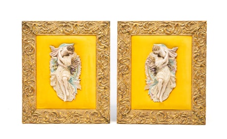 PAIR OF EUROPEAN CAPODIMONTE STYLE "LOVERS EMBRACE" BISQUE WALL PLAQUES.
