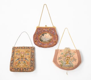 THREE PETIT POINT PURSES, TWO BY MAUD HUNDLEY.