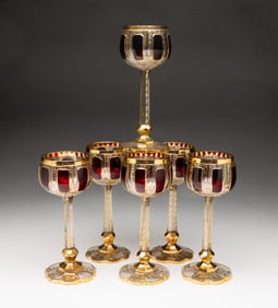 SET OF SIX CUT OVERLAY GOBLETS.