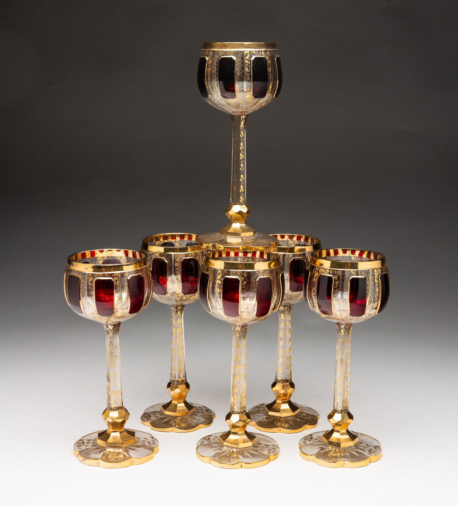 SET OF SIX CUT OVERLAY GOBLETS. (1 of 3)
