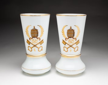 PAIR OF BOHEMIAN BLOWN GLASS VASES DECORATED WITH A PAPAL COAT OF ARMS.