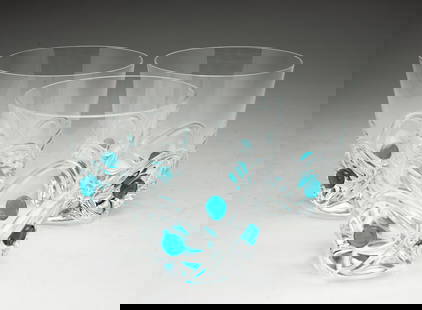 THREE LALIQUE "FLORIDE" CRYSTAL TUMBLERS.: France, 20th Century. Large fifteen ounce tumblers with patterned bases, aqua blue dots and signed on underside, 4.25"h. 4"d.