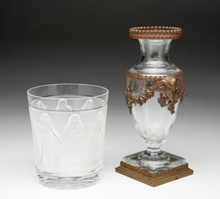 A LALIQUE "FEMMES ANTIQUES" TUMBLER AND AN ORMOLU-MOUNTED GLASS VASE.