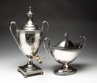 ENGLISH SILVER PLATE HOT WATER URN AND LIDDED TUREEN.