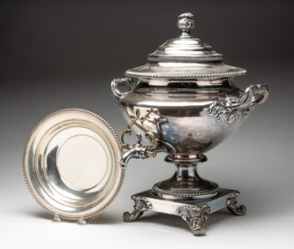 ENGLISH SILVER PLATE HOT WATER URN AND SHALLOW BOWL.