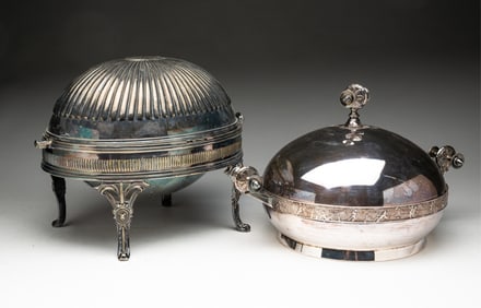 TWO SILVER PLATE COVERED SERVING DISHES.