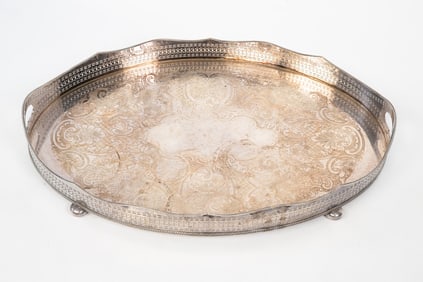 LARGE BARKER ELLIS ENGLISH SILVER PLATE OVAL GALLERY TRAY.