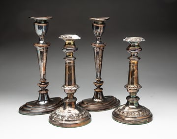 TWO PAIRS OF ENGLISH SILVER PLATE CANDLESTICKS.