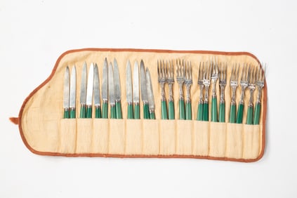 SET OF FRENCH BAKELITE HANDLED FLATWARE.