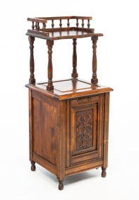 VICTORIAN WALNUT COAL HOD WITH ETAGERE TOP.