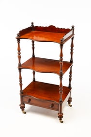 EARLY VICTORIAN MAHOGANY THREE-TIER WHATNOT.
