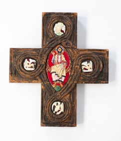 CRUCIFIX WITH THREE ENAMEL ON COPPER MEDALLIONS.