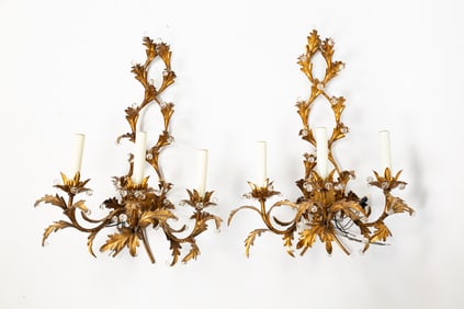 PAIR OF ITALIAN TOLE GILT WALL SCONCES.