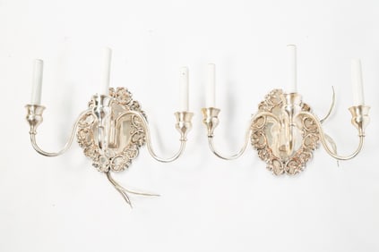 PAIR OF ENGLISH ROCOCO REVIVAL THREE-ARM WALL SCONCES.