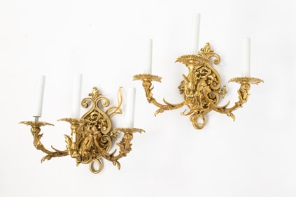 PAIR OF AMERICAN ART NOUVEAU THREE-LIGHT WALL SCONCES.