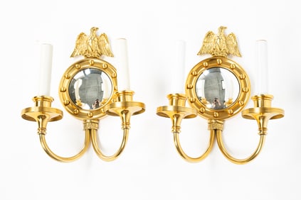 PAIR OF AMERICAN COLONIAL REVIVAL TWO-LIGHT WALL SCONCES WITH EAGLES.