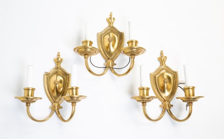 THREE AMERICAN SHIELD-FORM DOUBLE-ARM WALL SCONCES.