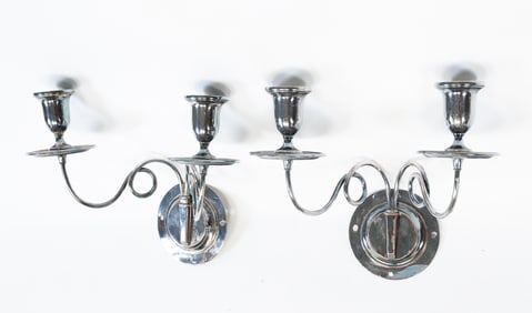 PAIR OF SILVERPLATE TWO LIGHT WALL SCONCES.