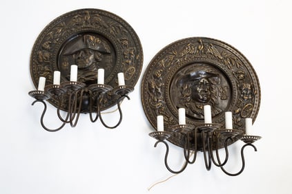 PAIR OF AMERICAN ROUND DIE-STAMPED TIN WALL SCONCES.
