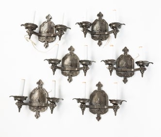 SET OF SIX AMERICAN CRAFTSMAN-STYLE TWO-LIGHT SCONCES.