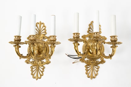 PAIR OF AMERICAN CLASSICAL REVIVAL BRASS THREE-ARM WALL SCONCES.