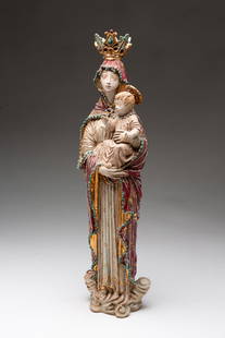 EUGENIO PATTARINO (ITALIAN, 1885-1971) "QUEEN OF HEAVEN" FIGURE.: Italian, Mid-20th Century. Earthenware. Hand-painted woman figure wearing flowing gown and a tall crown, holding baby Jesus. Signed to interior. 17.5"h.