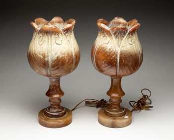 PAIR OF EUROPEAN CARVED ALABASTER TULIP TABLE LAMPS.