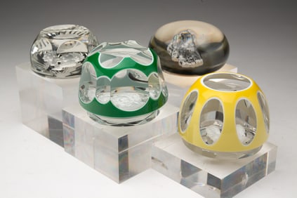 THREE BACCARAT GLASS SULFIDE PAPERWEIGHTS AND ONE UNSIGNED.