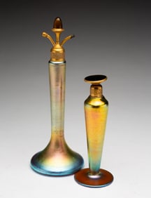 ATTRIBUTED TO STEUBEN, TWO ART GLASS STEMMED PERFUMES.
