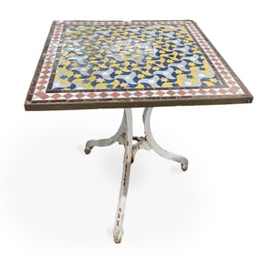 WROUGHT IRON AND MOROCCAN MOSAIC TILE TOP GARDEN TABLE.