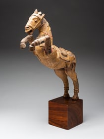 WONDERFUL ASIAN CARVED WOOD AND PLASTER WARRIOR HORSE ON ROSEWOOD STAND.
