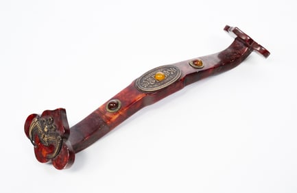 CHINESE CARVED AND INLAID HARDSTONE RUYI SCEPTER.
