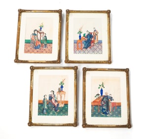 FOUR CHINESE SCHOOL WATERCOLORS ON PITH PAPER OF INTERIOR SCENES.