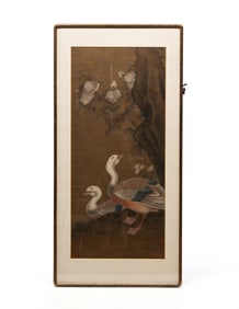 CHINESE WATERCOLOR ON SILK DEPICTING DUCKS AND FLOWERS.