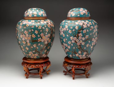 PAIR OF CHINESE CLOISONNE LIDDED GINGER JARS.