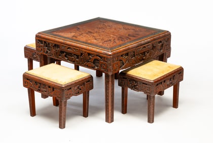 HEAVILY CARVED CHINESE TEATABLE AND FOUR STOOLS.