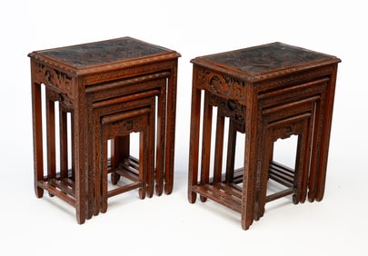 TWO MATCHING SETS OF CHINESE CARVED NESTING TABLES.