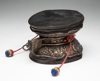 TIBETAN SILVER CEREMONIAL DRUM.