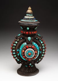 LARGE TIBETAN METAL FILIGREE AND STONE SNUFF BOTTLE.