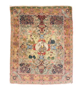PERSIAN PICTORAL AREA RUG.: Iran, 20th Century. Probably silk. Hand knotted. Central medallion featuring five portraits of men on a scrolling floral field and a border with leaping deer. 5' 7"l. 4' 7"w.