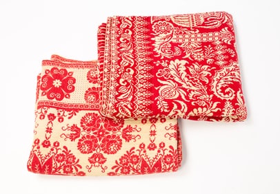 TWO AMERICAN RED AND WHITE SUMMER WINTER COVERLETS.