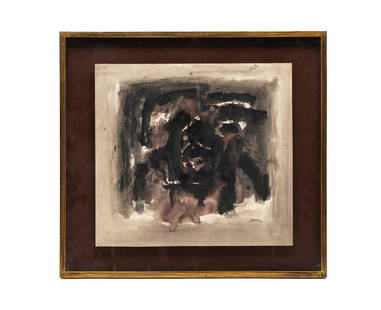 LAXMAN SHRESHTHA (NEPALESE B. 1939) UNTITLED INK AND WATERCOLOR.: Nepal/India, 1973. Ink and watercolor on paper. Signed "Laxman" and dated "73" at lower right. 18.5"h. 20"w. Framed on a float above an aubergine linen mat in a gilt wood frame, 25"h. 27.25"w. Offered
