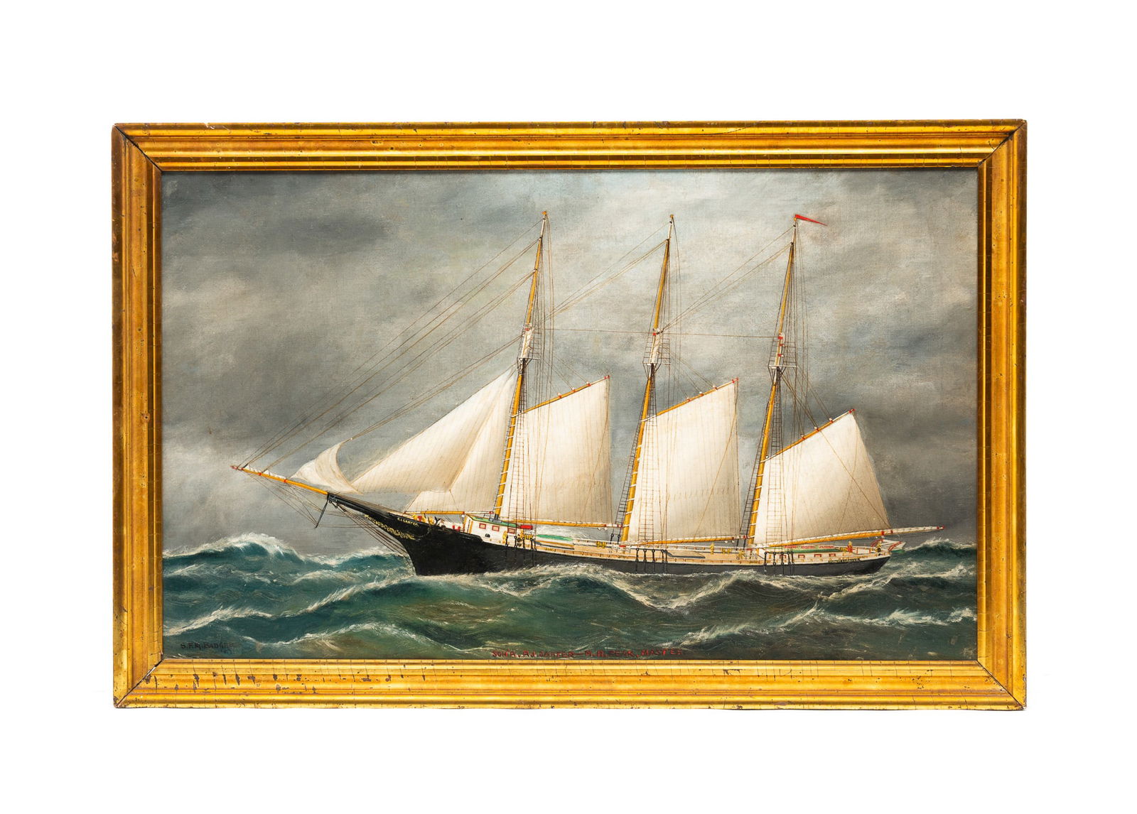 SOLON FRANCIS MONTECELLO BADGER (AMERICAN, 1873-1919) PORTRAIT OF SCHOONER R.I. CARTER.: Solon Francis Montecello Badger (American, 1873-1919). A three-masted ship under full sail on a stormy sea. Letter across bottom "SCH. R.I. CARTER, M.R. PEAK MASTER." Signed "S.F.M. Badger" with illeg