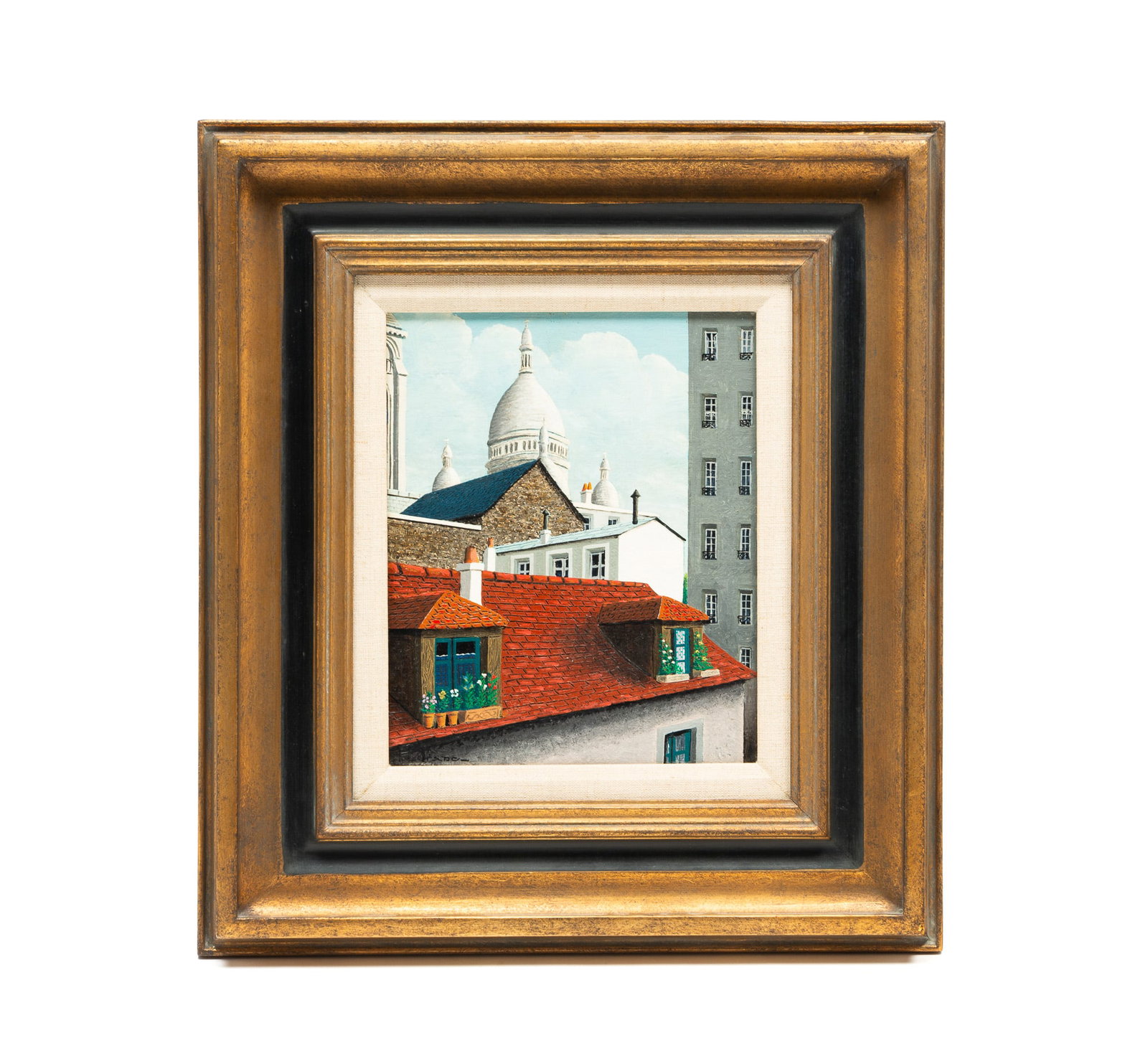 JULES LEFRANC (FRENCH, 1887-1972) "DANS LE VIEUX MONTMARTRE" OIL ON BOARD.: Jules LeFranc (French, 1887-1972). Oil on board. View of rooftops with Montmartre peaking out under a blue sky. Signed and titled to back. Ex The Galerie St. Etienne (New York). In painted frame with 