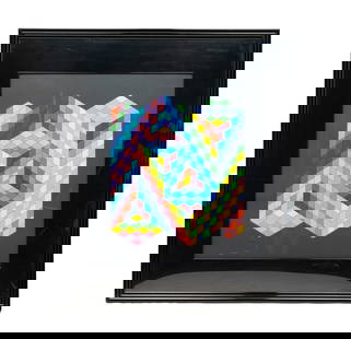 VICTOR VASARELY (HUNGARY, 1906-1997) UNTITLED SERIGRAPH.: Victor Vasarely (Hungary, 1906-1997). Serigraph on paper. Vibrant colorful geometric shape. Signed and numbered 208/250 in pencil to bottom. In black frame behind plexiglass, 41.5"h. 38.5"w.